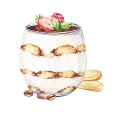 Tiramisu in a glass with berries watercolour food illustration 