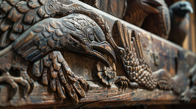 A dark wooden saddle rack with carved images of ravens and crows instead of horses .