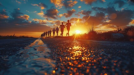 start up of runner group running on sunrise on road,art illustration