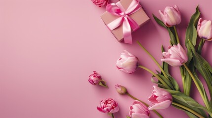 Pink Tulips and Gift on Pink Background