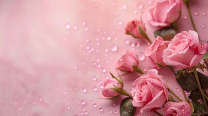 Obraz premium Pink Roses With Water Droplets on a Pink Background