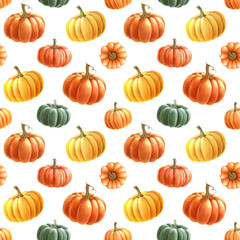 Bright different pumpkins seamless pattern. Watercolor painted illustration. Hand drawn ripe orange autumn harvest pumpkin decoration. Thanksgiving and halloween bright seamless pattern element