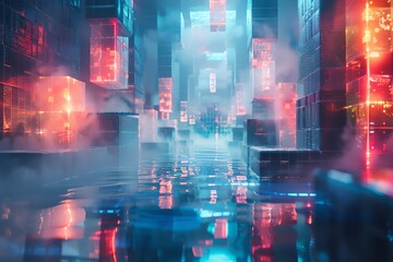 Explore the depths of creativity with a 3D voxel art representation of futuristic technology submerged in an underwater realm, presenting a unique and captivating perspective