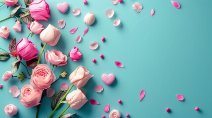 Pink Roses on Blue Background