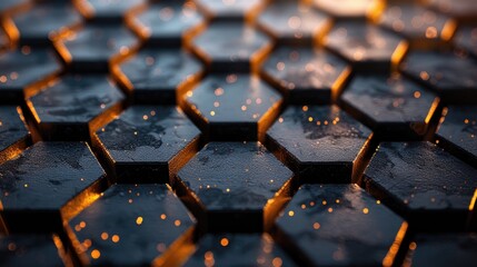 Obraz premium luxury hexagonal abstract black metal background with golden light lines dark grid pattern pure black horizontal banner wallpaper carbon elegant wedding bg illustration