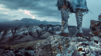 Naklejka premium Against an ominous mountain backdrop a cowgirl stands atop a rocky outcropping her cowboy boots adorned with silver charms and her denim skirt featuring raven feathers. .