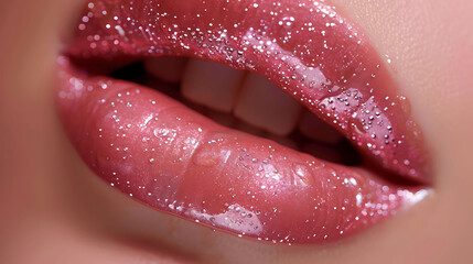 A closeup of glossy, pink lips with an ombre effect.
