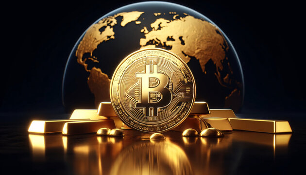 a golden Bitcoin coin standing upright on a reflective surface. Surround the coin with small gold