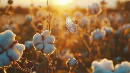 Cotton farms during harvest season have butterflies on them - obrazy, fototapety, plakaty