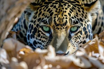 Leopard is hunting focused looking at its prey, blazing green eyes, camouflage with bushes