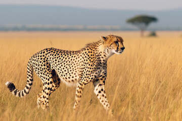 Portrait of a leopard walking in the grassland, African savanna background