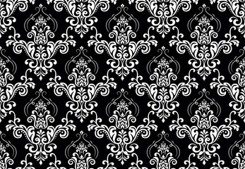 Wallpaper in the style of Baroque. Seamless vector background. White and black floral ornament. Graphic pattern for fabric, wallpaper, packaging. Ornate Damask flower ornament. - 792433614