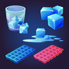 Ice cube tray vector. Melt water mold cartoon icon. Container for solid square icecube. Plastic block and frosty element for food or drink in summer. Isometric freezing form and puddle drawing set - obrazy, fototapety, plakaty