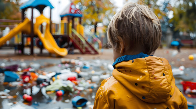 Forlorn Child Amid Discarded Toys and Litter in Autumn Playground
