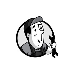 cartoon character of a handyman with a double wrench for badge, emblem version.