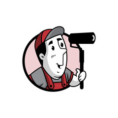 character of a handyman holding a paint roller tool for badge, emblem version.