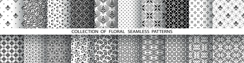 Geometric floral set of seamless patterns. White and black vector backgrounds. Damask graphic ornaments. - 792434207