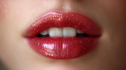 Front view closeup of glossy, pink lips with an ombre effect. 