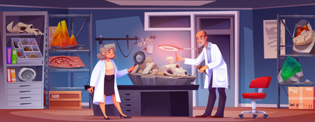 Dinosaur fossil in scientist lab room cartoon. Paleontologist man and professor woman research and examine scientific evidence on desk with lamp and magnifier. University palaeontology place interior