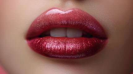 Front view closeup of glossy, rose lips with an ombre effect. 