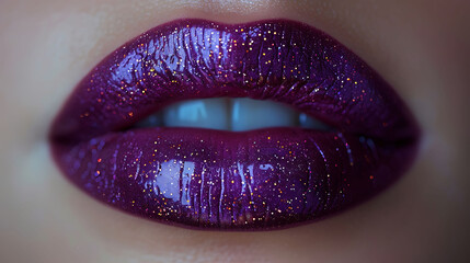 Front view closeup of glossy, purple lips with an ombre effect. 