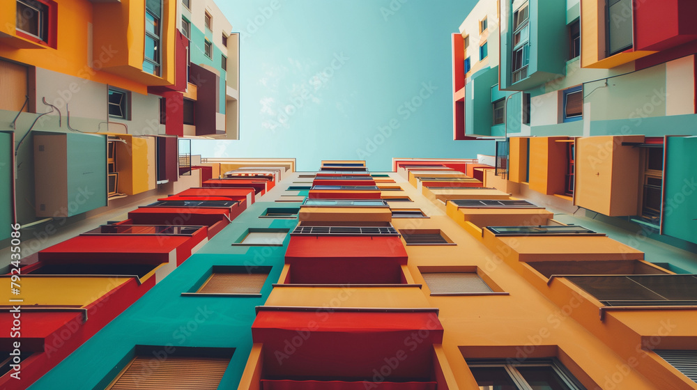 Poster from below of colorful geometric building with colorful geometric ornament and windows on wall in ci