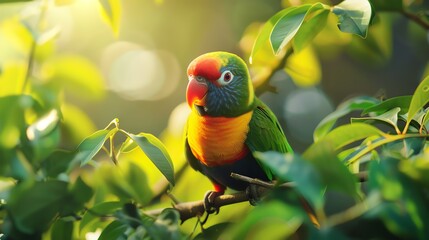 Close-up of a colorful parrot perched on a lush green branch in the rainforest, showcasing biodiversity and vibrant colors.