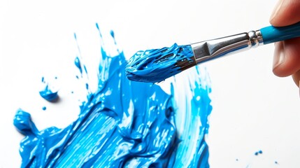 Close-up photo of a hand holding a paintbrush dipped in bright blue paint, against a stark white background, perfect for creative and artistic promotions. - Powered by Adobe
