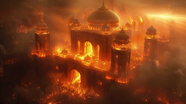 Representation of the apocalypse with great destruction and flames that burn the world. Religious Background.