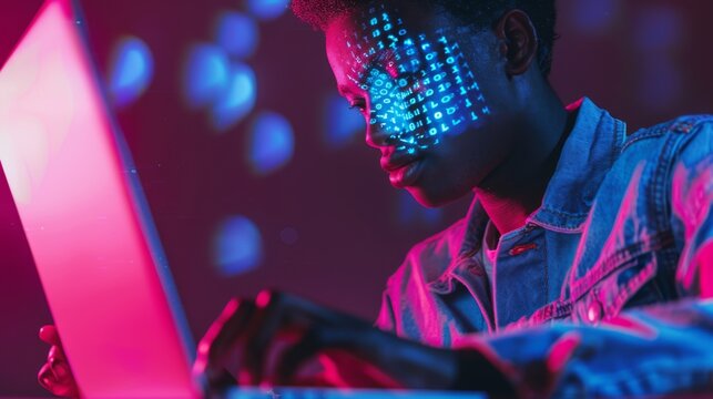 Man with Glowing Cyber Projection. - Powered by Adobe