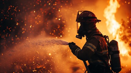 Firefighter in action, spraying water on blazing flames during a nighttime operation, showcasing bravery and emergency response.