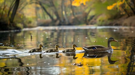 Family of ducks crossing a calm river, reflections in the water and natural surroundings, emphasizing wildlife and habitat conservation.
