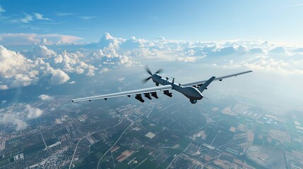 High-tech military drone flying over a strategic location, clear sky in the background, theme of technological defense capabilities.