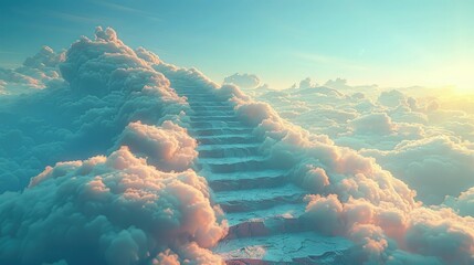 Stairway to heaven among the sea of clouds. Religious background. - obrazy, fototapety, plakaty