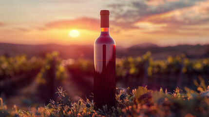 A bottle of wine is sitting in a field of flowers. The sky is a beautiful mix of orange and pink hues, creating a serene and peaceful atmosphere - obrazy, fototapety, plakaty