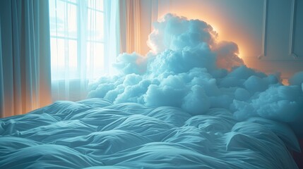 bed stand in blue fluffy cloud symbolic for good sleep sky setting,art illustration - obrazy, fototapety, plakaty