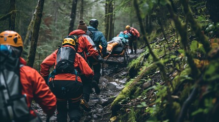 Mountain rescue team using a stretcher to carry an injured climber down a steep trail, dense forest around, depicting teamwork and risk management.