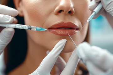 A woman having cosmetic surgery on her lips.