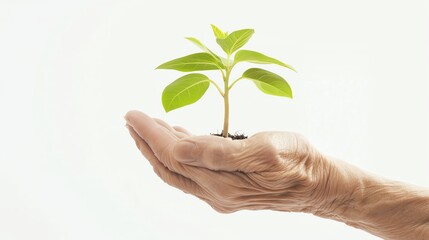 Simple yet powerful image of a senior hand holding a young plant, symbolizing growth and care, on a pure white background with space for text.