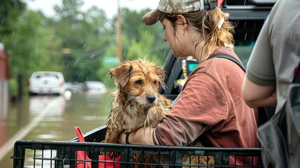 Volunteer group helping to evacuate pets from a flood-affected area, animals in carriers, emphasizing compassion and community effort.