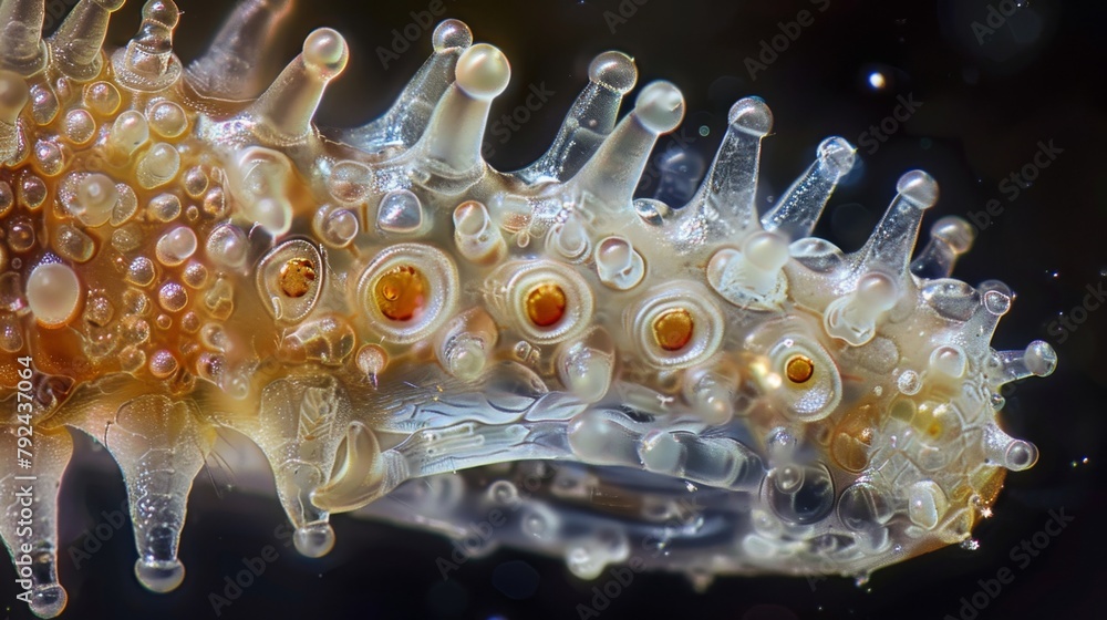 Poster a closeup view of a rotifers mouth revealing rows of tiny moving jaws that seem to be chewing on mic