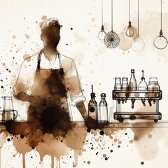 Coffee shop barista in watercolor illustration with Generative AI.