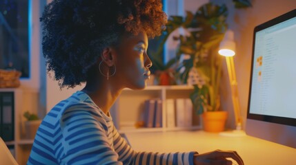Woman Working on Computer at Night