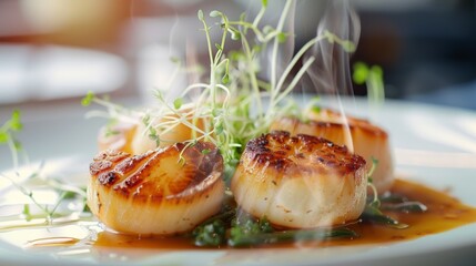 Steam rises from a dish of perfectly seared scallops garnished with delicate microgreens and a drizzle of rich golden sauce. .