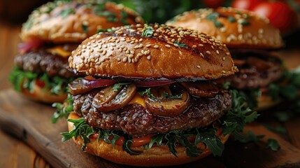 two delicious homemade burgers of beef cheese and mushrooms on an wooden table fat unhealthy foodillustration image - obrazy, fototapety, plakaty