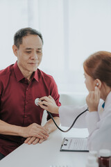 Heart disease, providing advice on heart disease treatment Asian female cardiologist while...