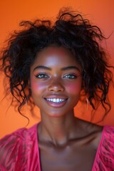 A young and stylish woman exudes joy and happiness, showcasing her charming smile and radiant skin, embodying beauty and wellness