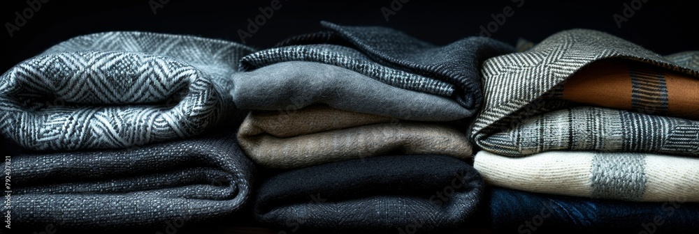 Poster a stack of folded fabric showcases a variety of patterns and textures, perfect for creating cozy and