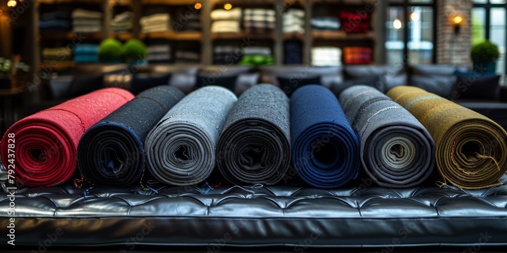 Poster textured fabric rolls neatly stacked in a designer store, offering a variety of colors and patterns
