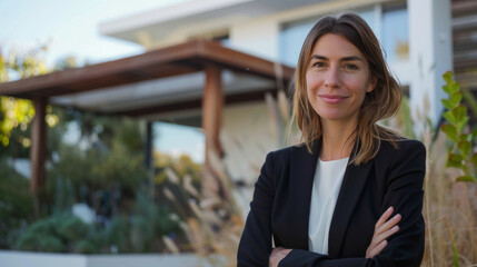Confident European woman real estate agent stands proudly outside a modern home, radiating expertise and approachability, ready to assist potential house buyers